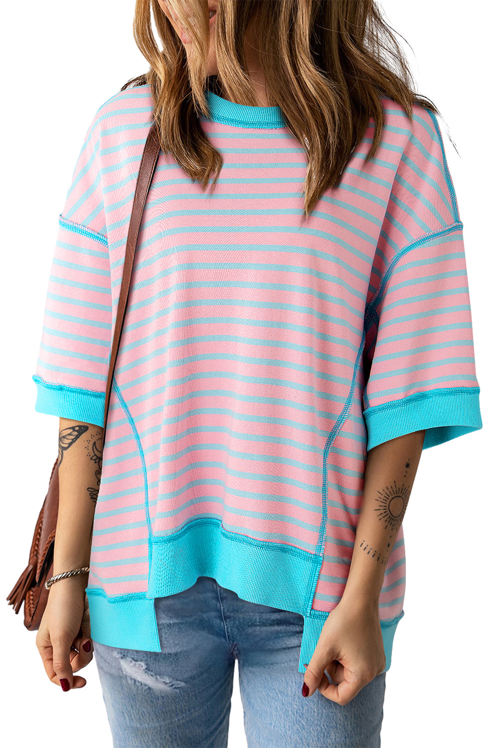 Stripe Colorblock Drop Sleeve Oversized T Shirt