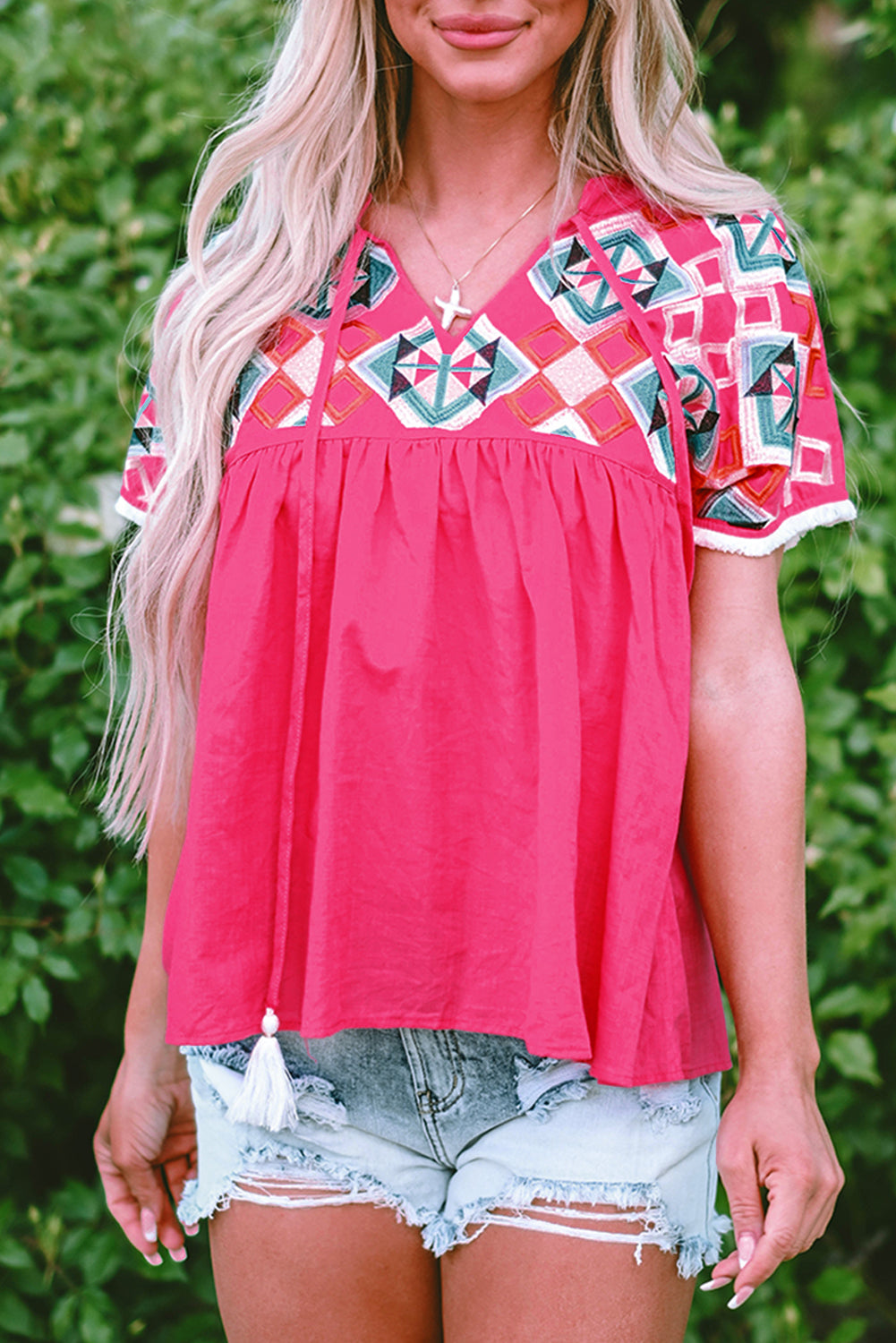 Geometric Embroidered Tassel Tie V Neck Blouse