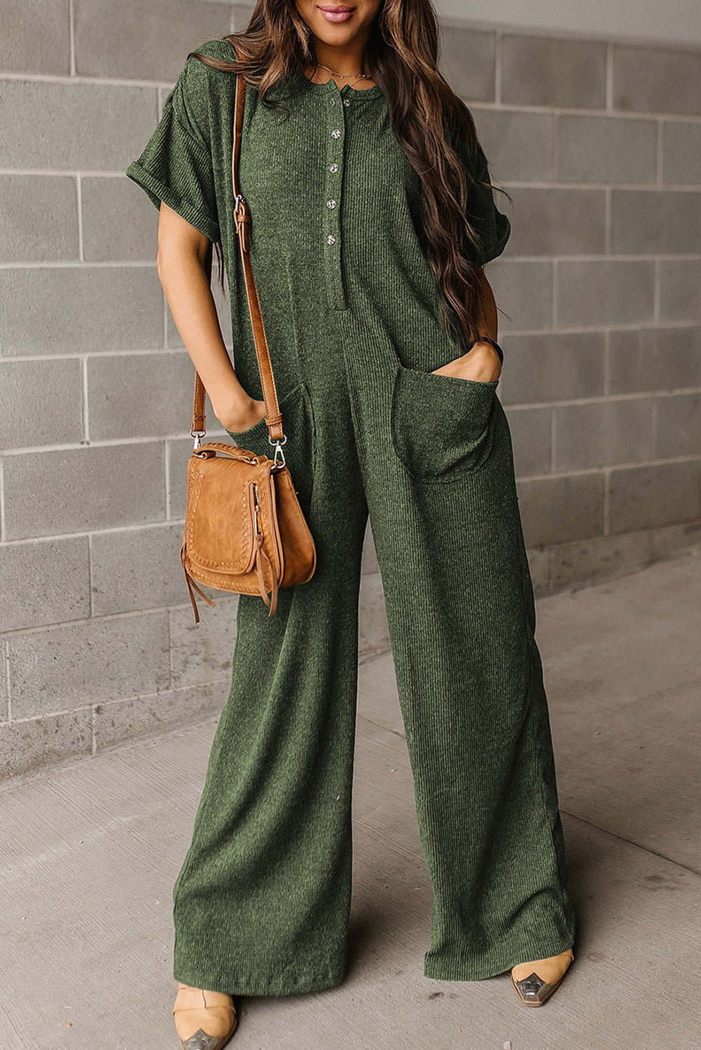 Jungle Green Textured Side Pockets Buttoned Wide Leg Jumpsuit