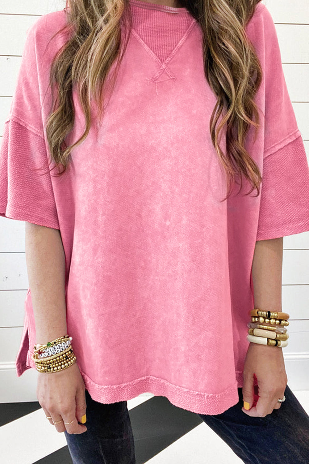 Strawberry Pink Mineral Wash Exposed Seam Drop Shoulder Oversized Tee