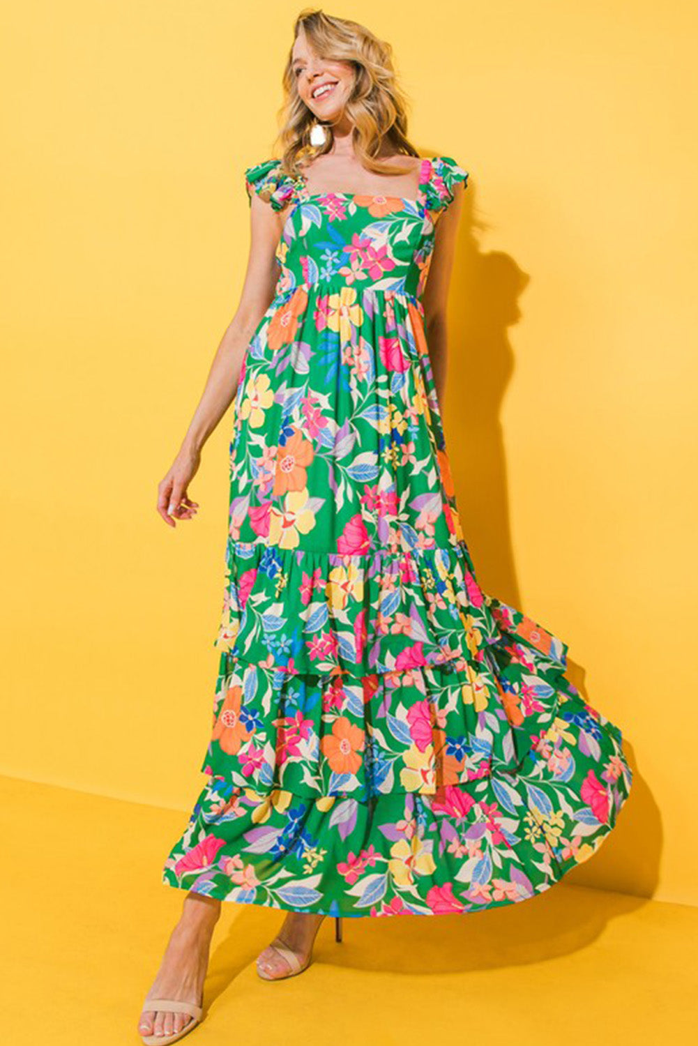 Boho Floral Print Ruffle Sleeveless Tiered Maxi Dress