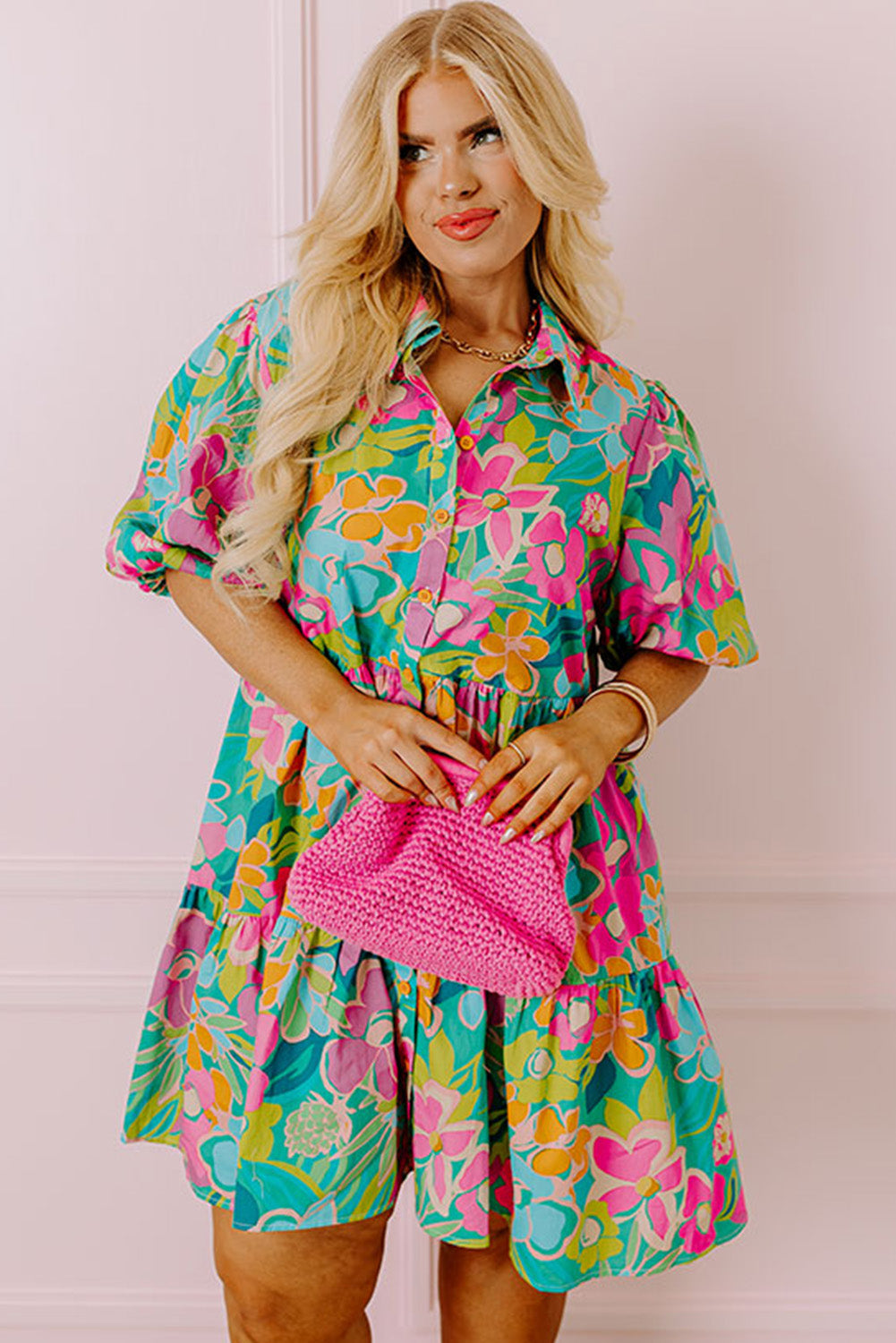 Plus Floral Print Puff Sleeve Tiered Shirt Dress