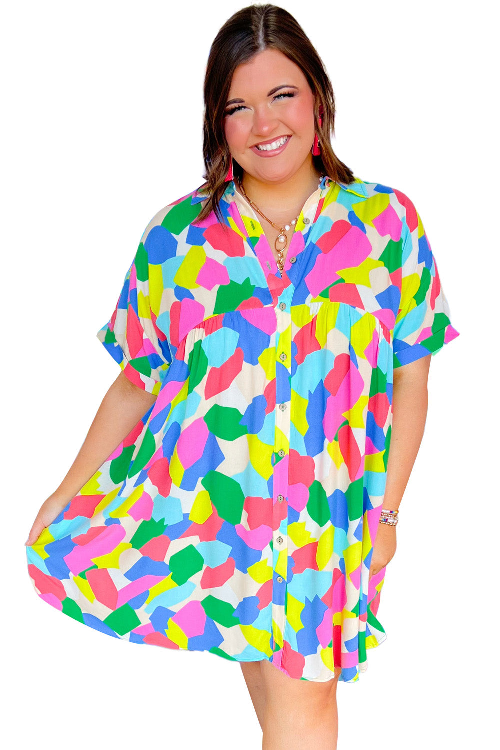 Curvy Multicolour Abstract Print Turn Down Collar Buttoned  Dress