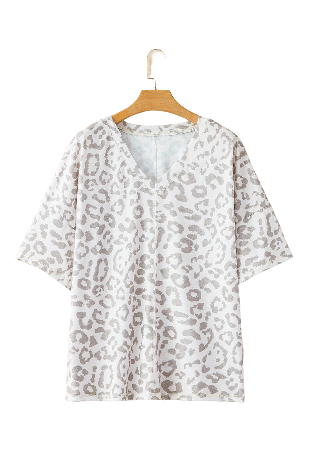 Brown Leopard Print Exposed Stitching V Neck Plus Size T Shirt