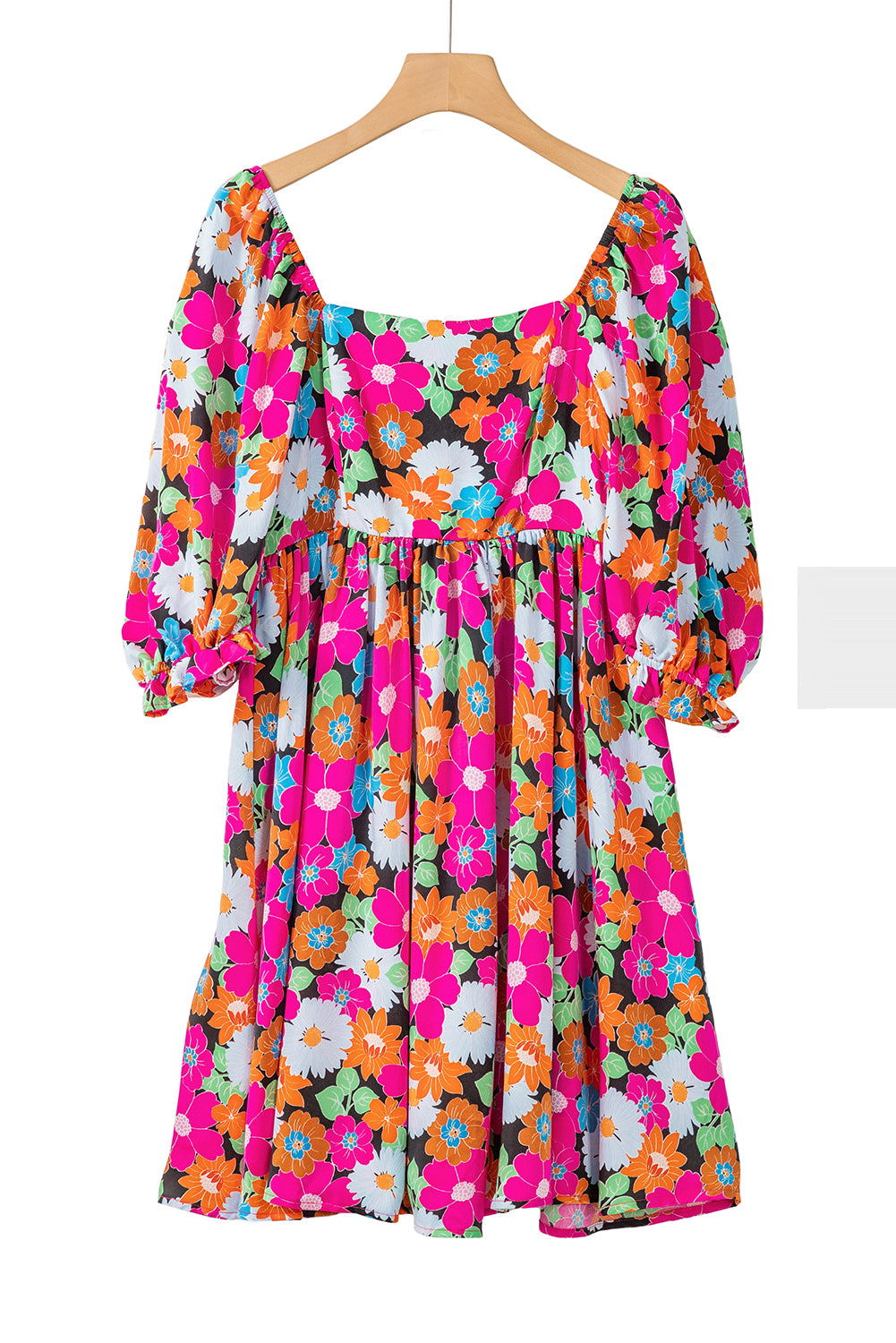 Rose Floral Print Square Neck Short Puff Sleeve Dress