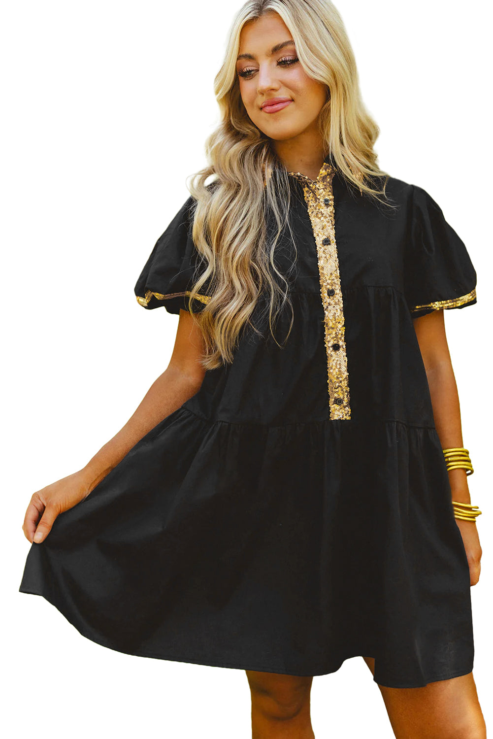 Black Sequin Trim Bubble Sleeve Tiered Mini Dress