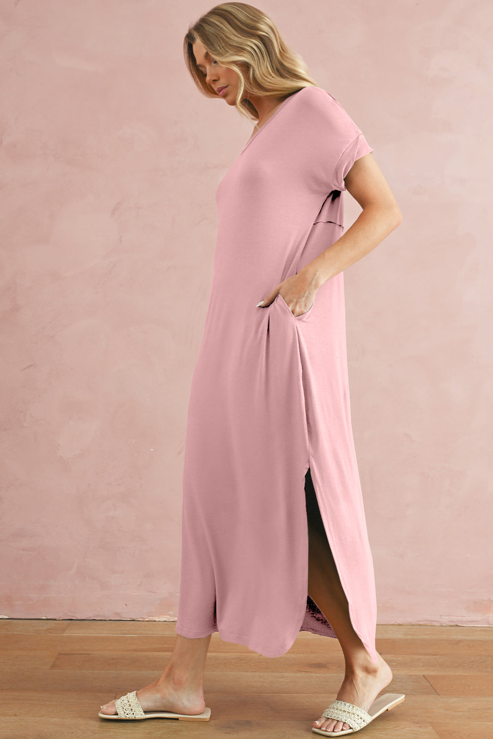 Solid Color Hidden Pocket V Neck Slit Maxi Dress