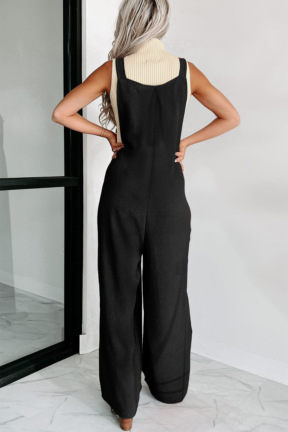 Black Adjustable Straps Ruched Wide Leg Jumpsuit