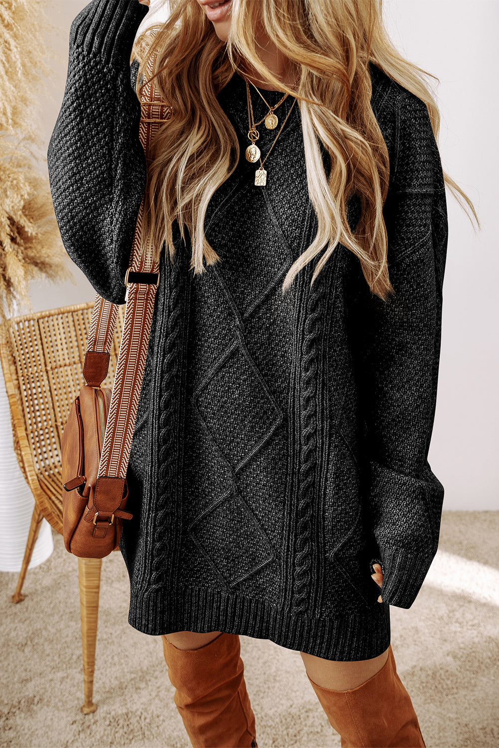 Knit Drop Shoulder Loose Fit Sweater Dress