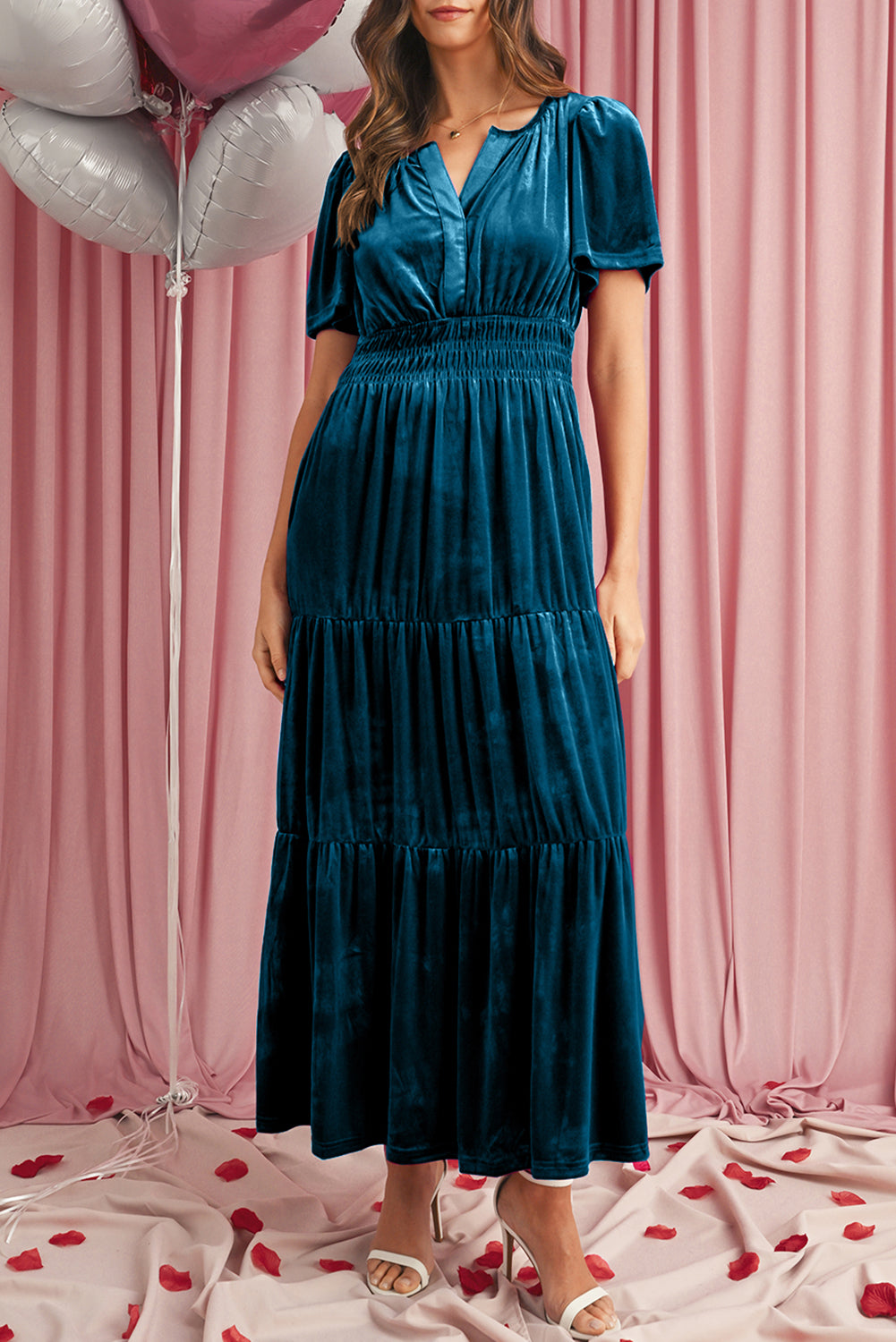 Evergreen Velvet Puff Short Sleeve Smocked Waist Tiered Maxi Dress