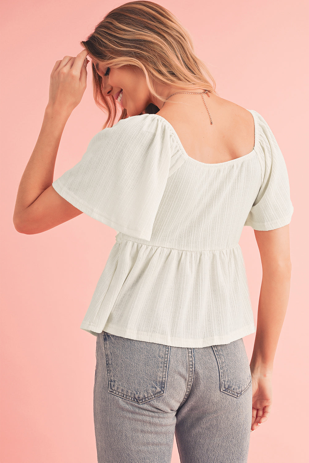 Shirred V Neck Short Flutter Sleeve Textured Blouse