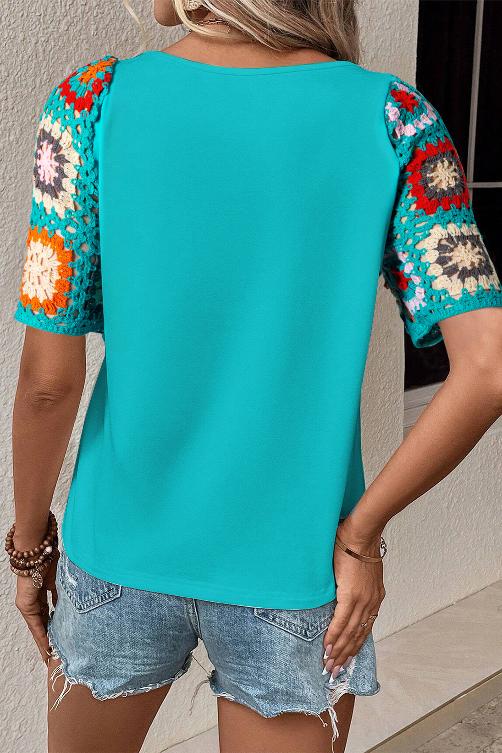 Floral Hollowed Crochet Sleeve Boho T Shirt