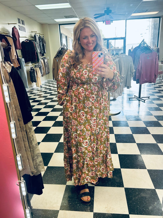 Olive Floral Smocked Maxi Dress