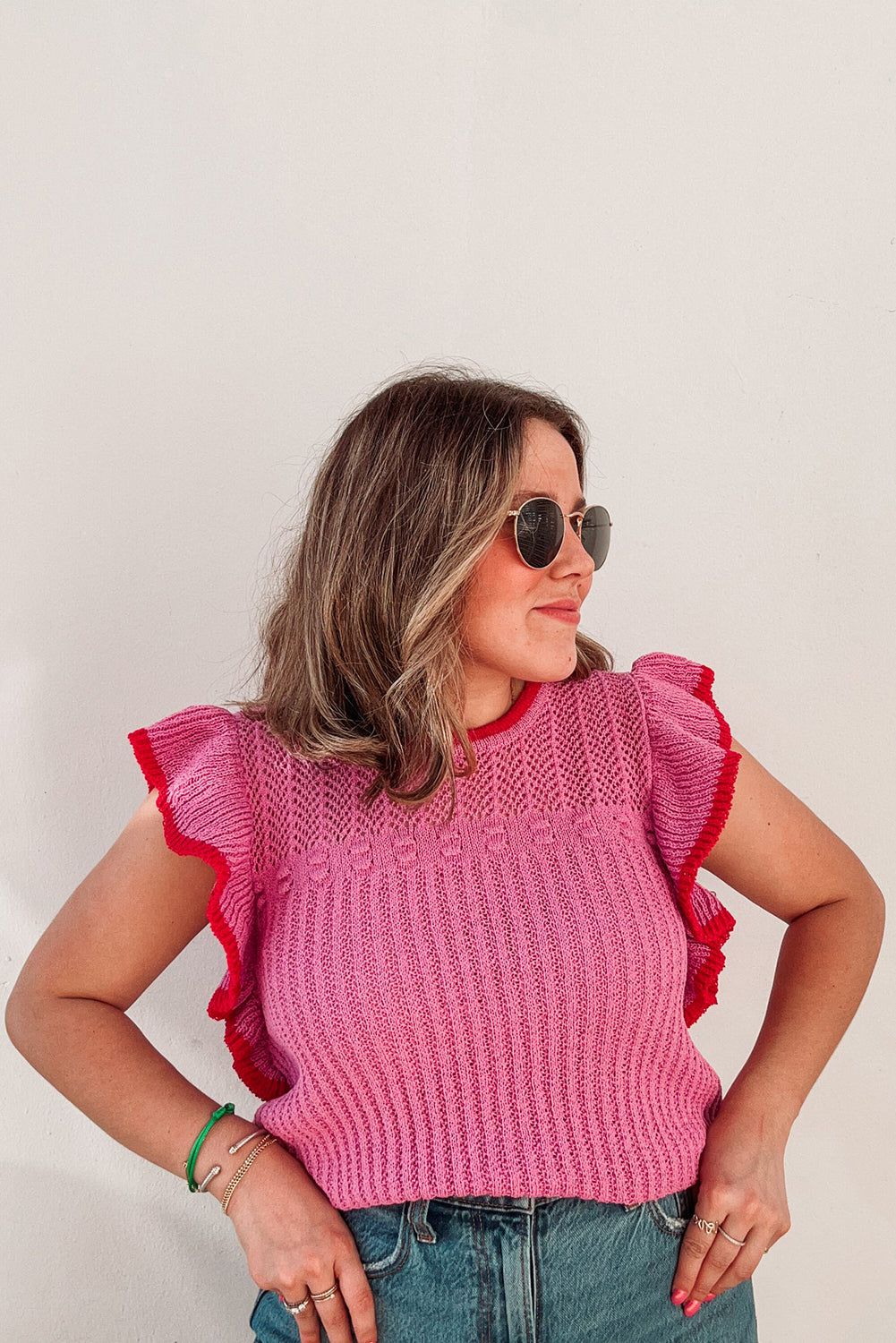 Rose Red Ruffle Contrast Trim Plus Size Knitted Top