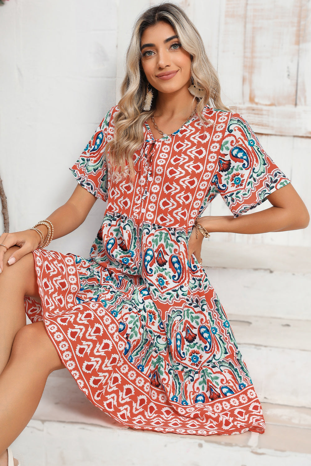 Bohemian Tie Neck Flounce Sleeve Ruffle Hem Mini Dress