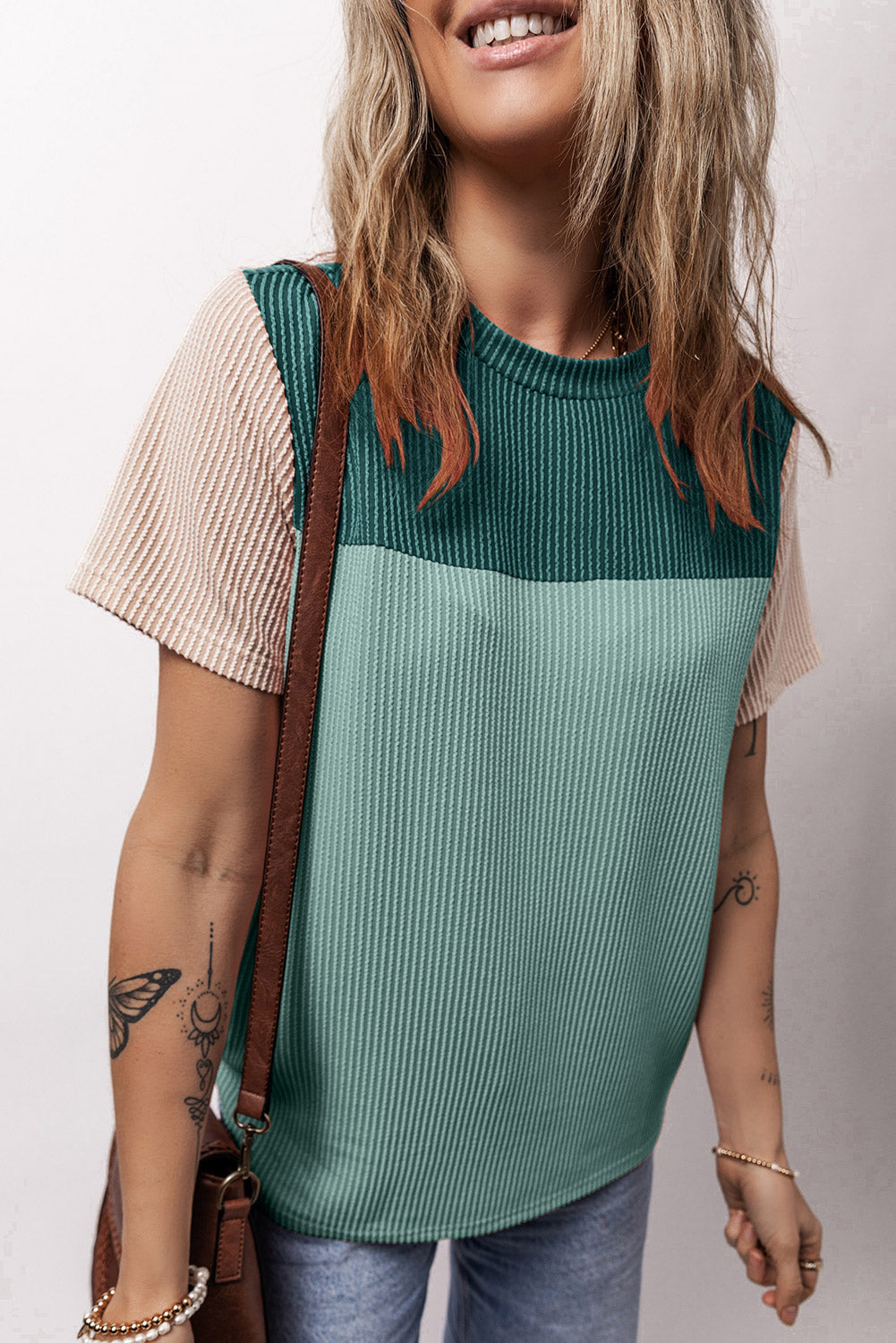 Ribbed Textured Colorblock T Shirt