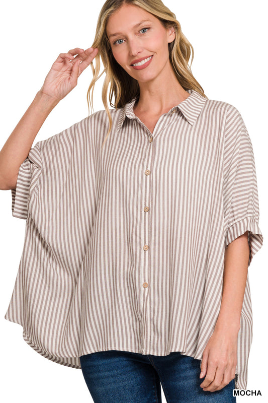 ZENANA STRIPED SHORT SLEEVE BUTTON UP SHIRT