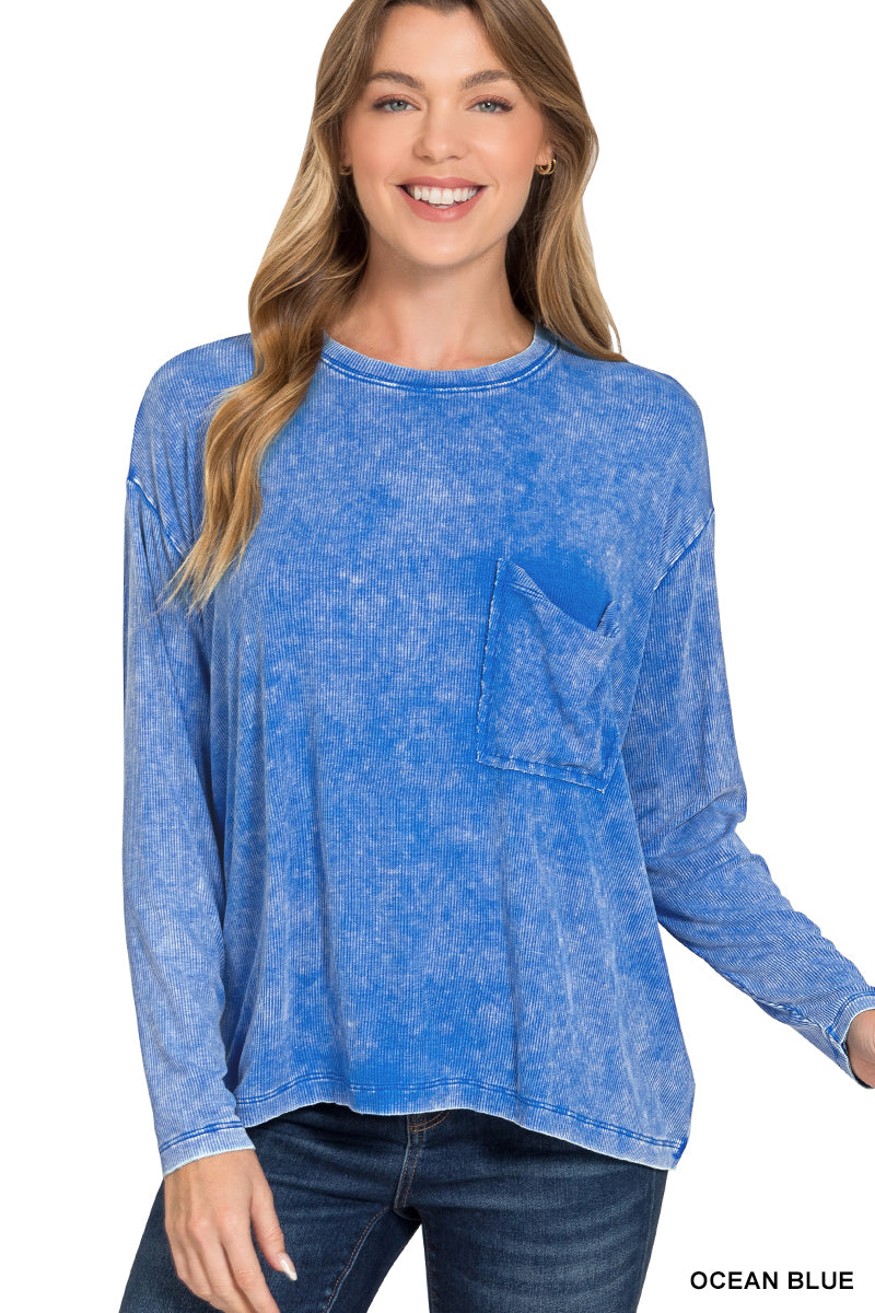 ZENANA WASHED RIBBED DOLMAN SLEEVE ROUND NECK TOP