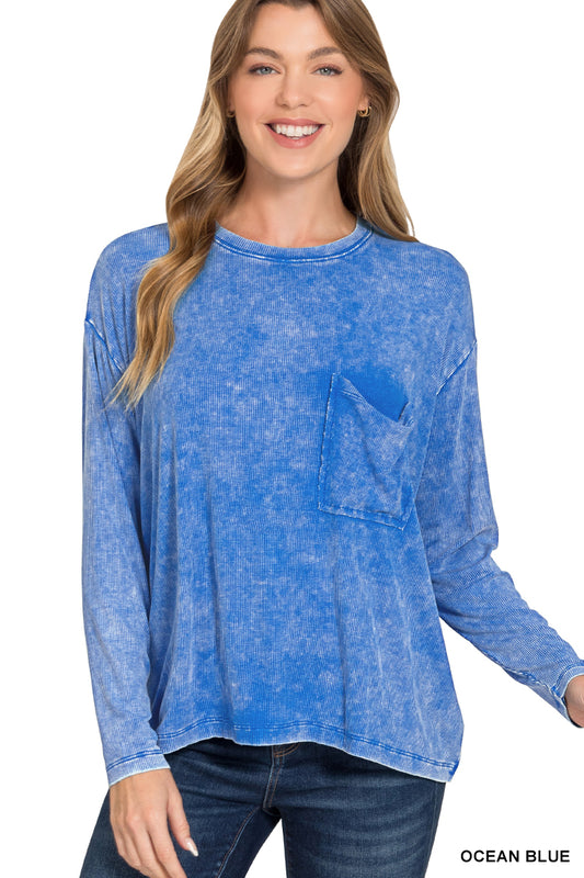 ZENANA WASHED RIBBED DOLMAN SLEEVE ROUND NECK TOP