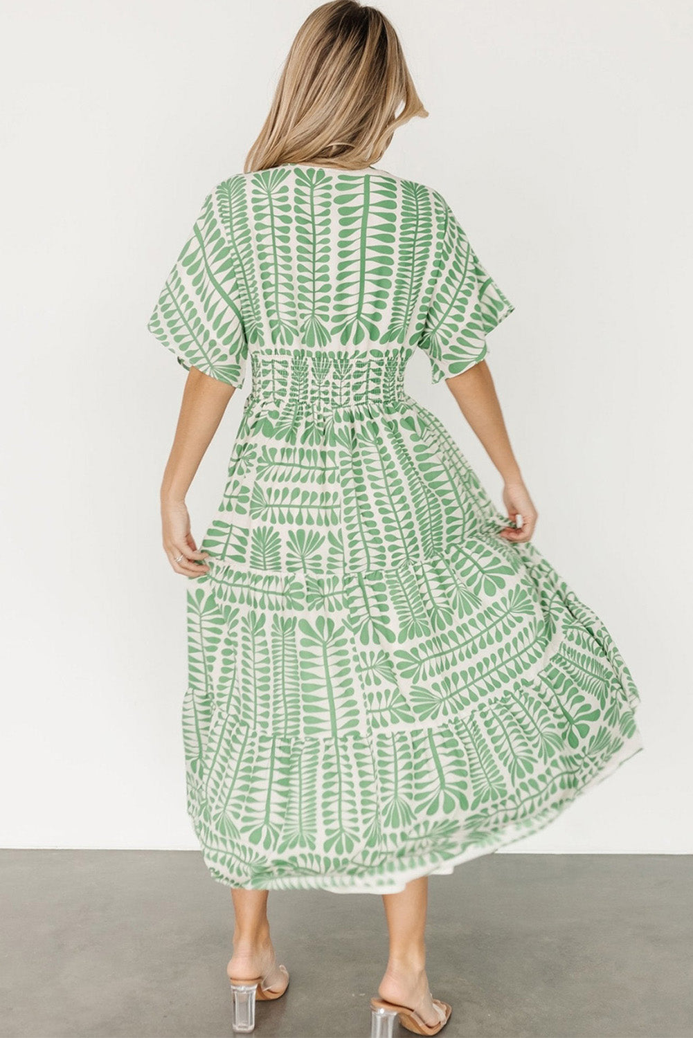 Grass Green Bohemian Leaves Print High Waist Midi Dress