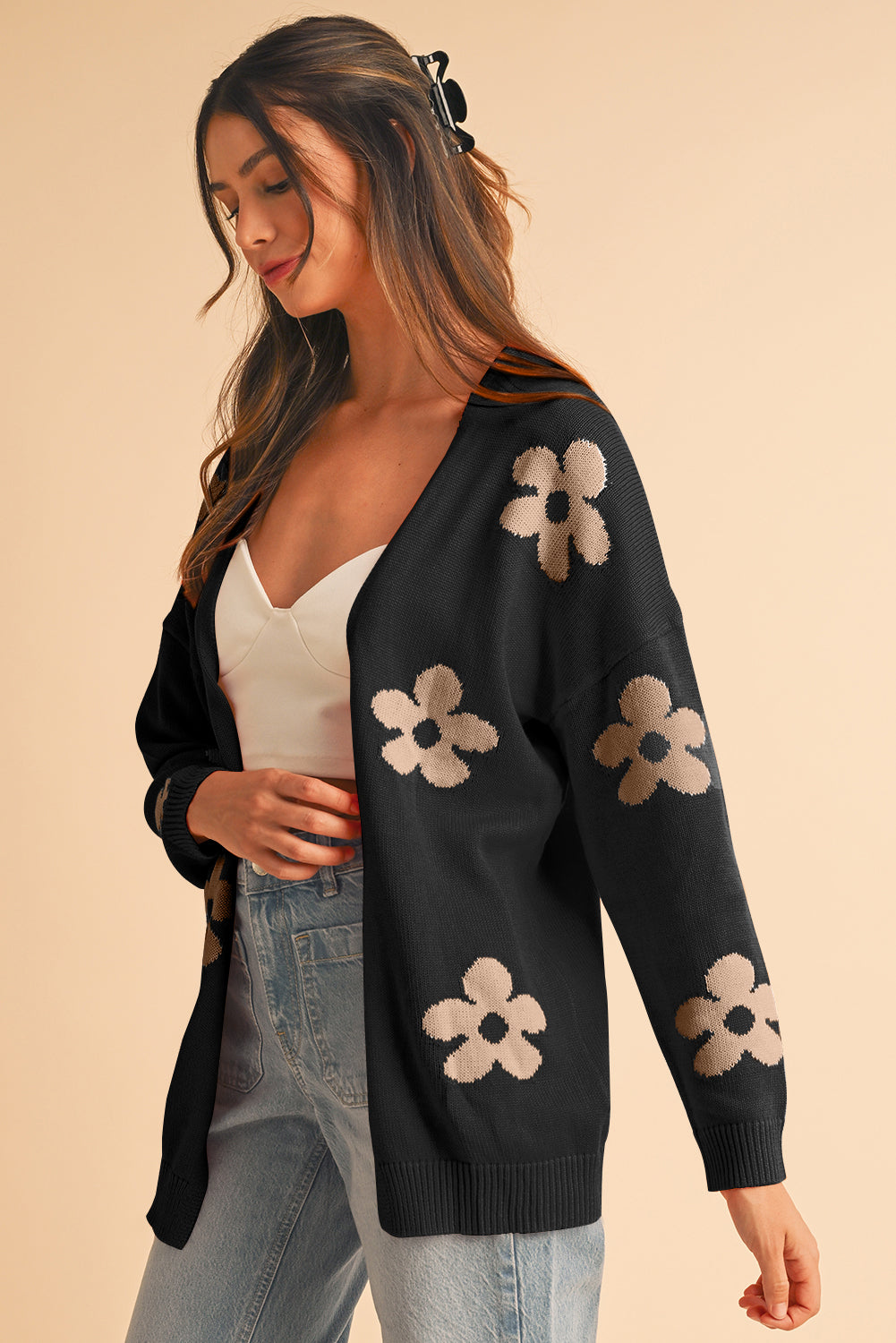 60s Vintage Flower Drop Shoulder Cardigan