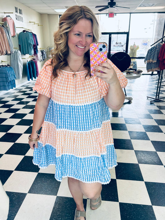 Denim/Orange Puff Sleeve Dress