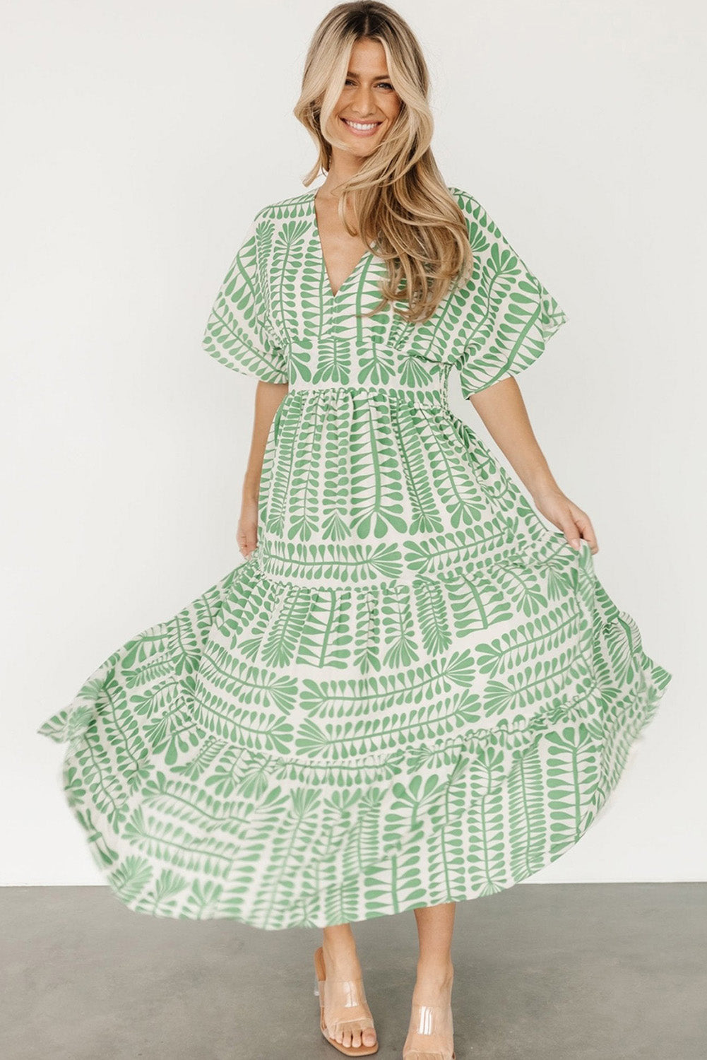 Grass Green Bohemian Leaves Print High Waist Midi Dress