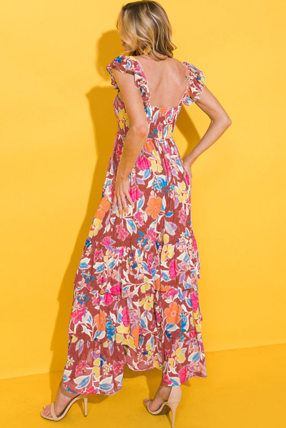 Boho Floral Print Ruffle Sleeveless Tiered Maxi Dress