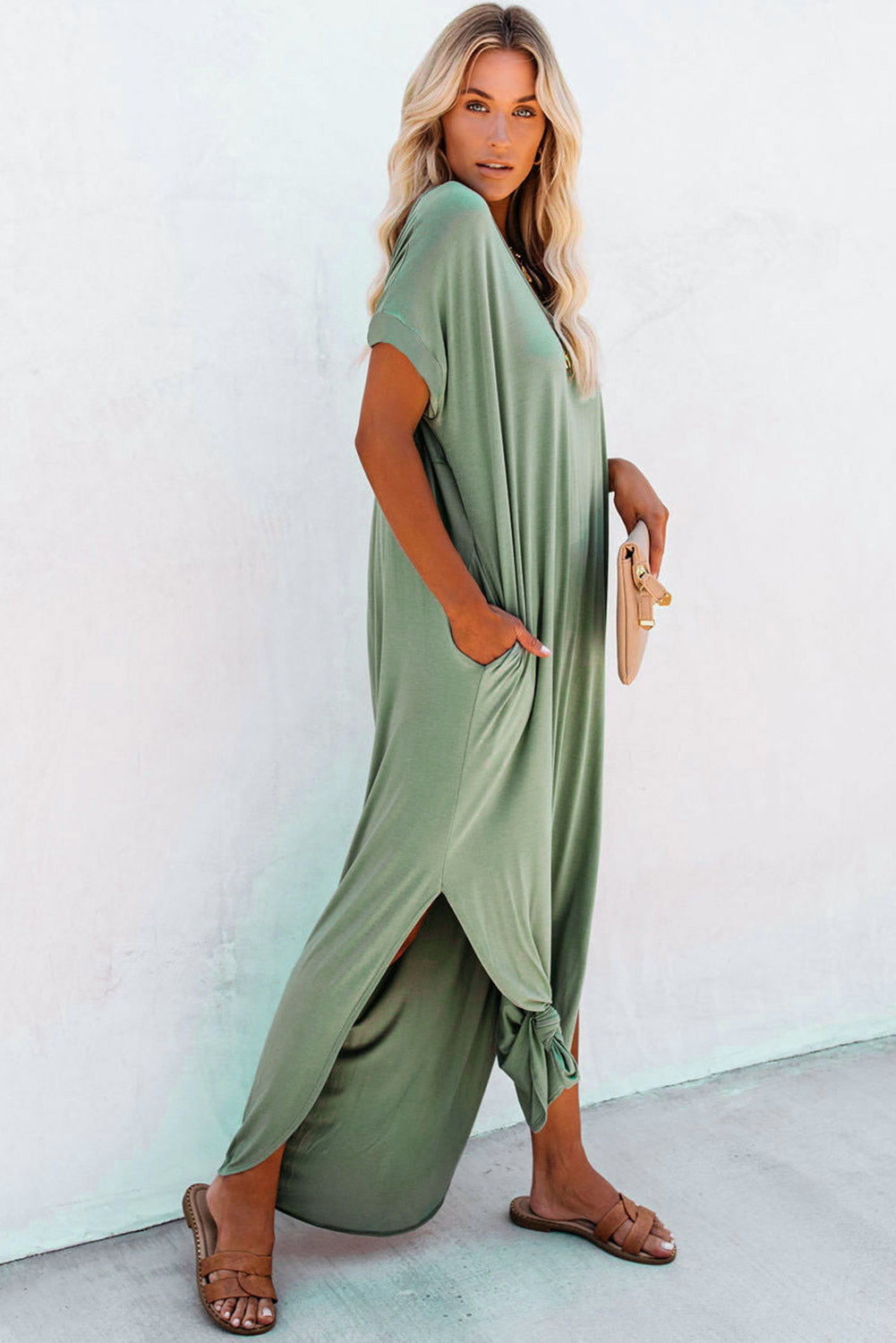 Solid Color Hidden Pocket V Neck Slit Maxi Dress