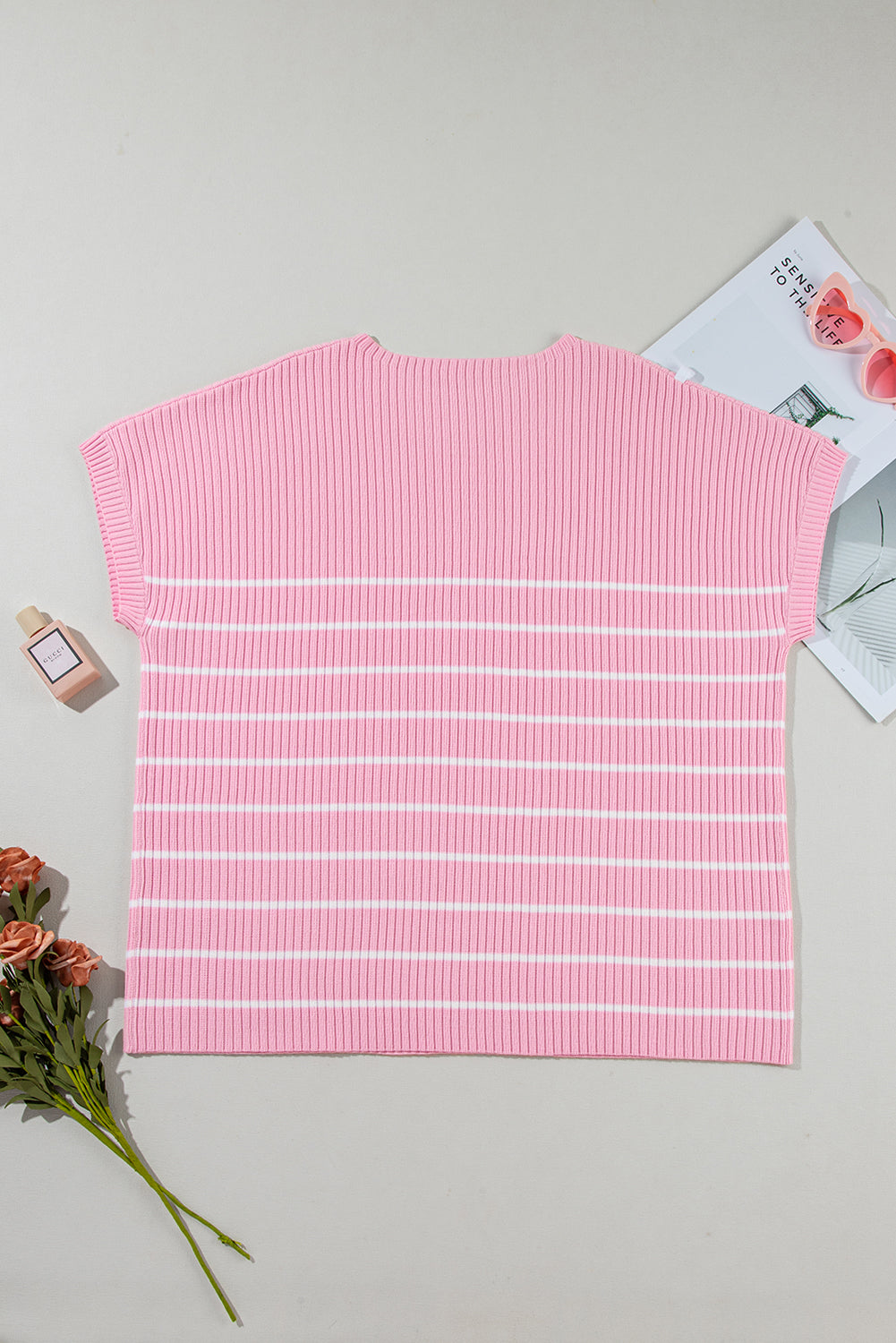 Pink Plus Size Ribbed Stripe Round Neck T Shirt