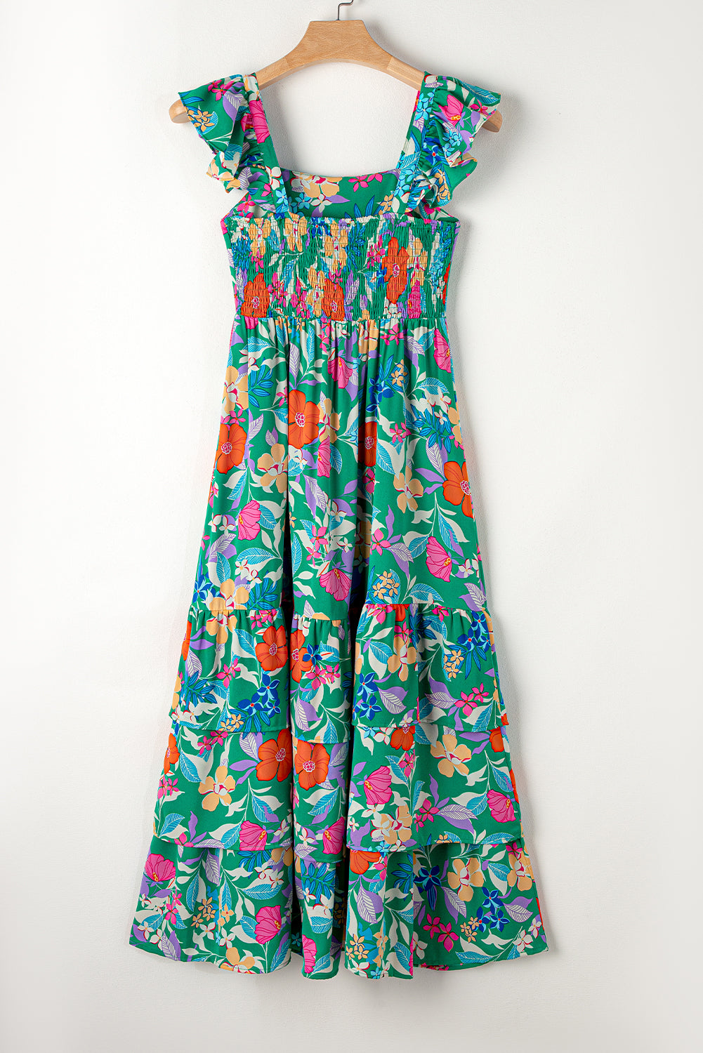 Boho Floral Print Ruffle Sleeveless Tiered Maxi Dress