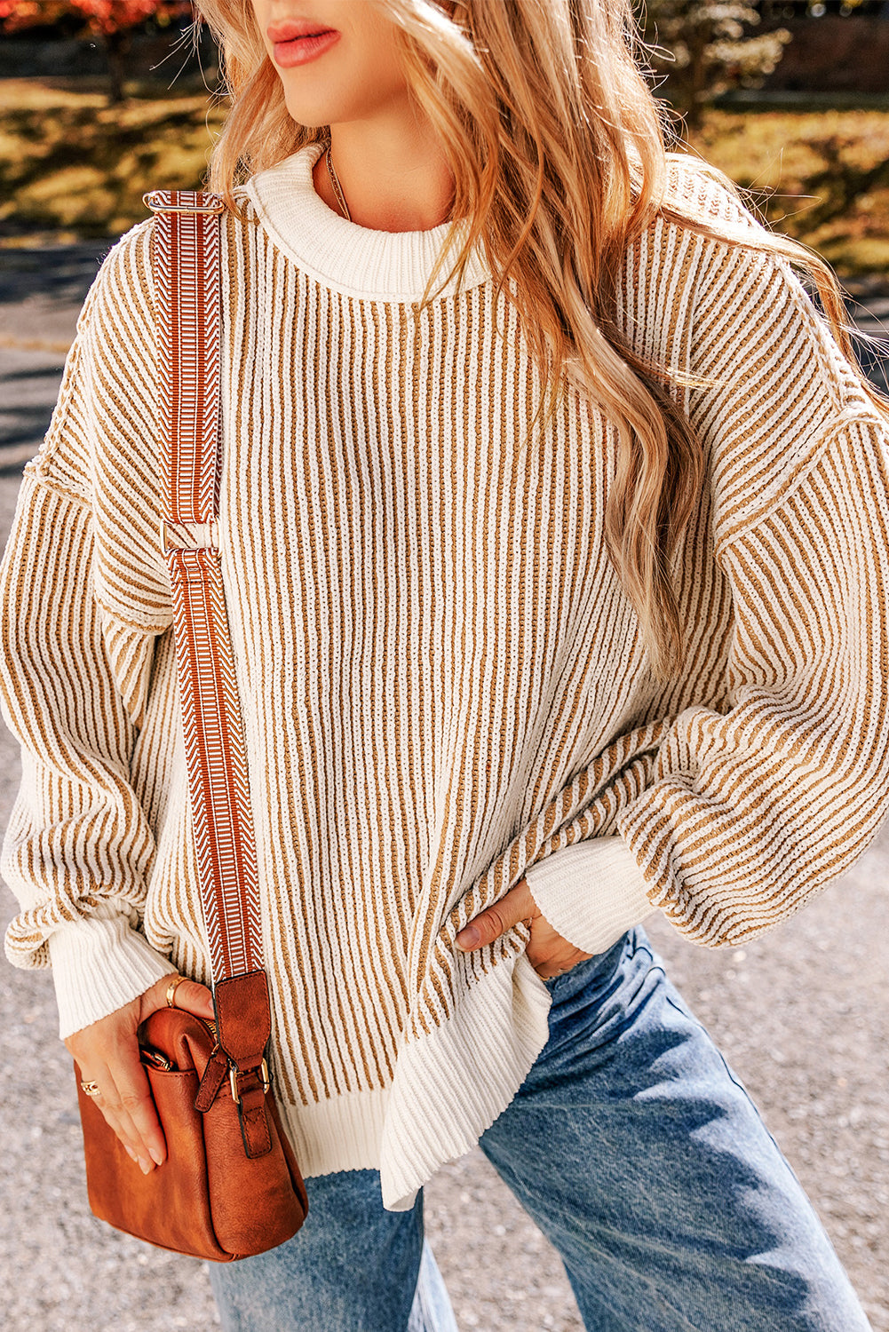 Chestnut Striped Contrast Trim Loose Sweater