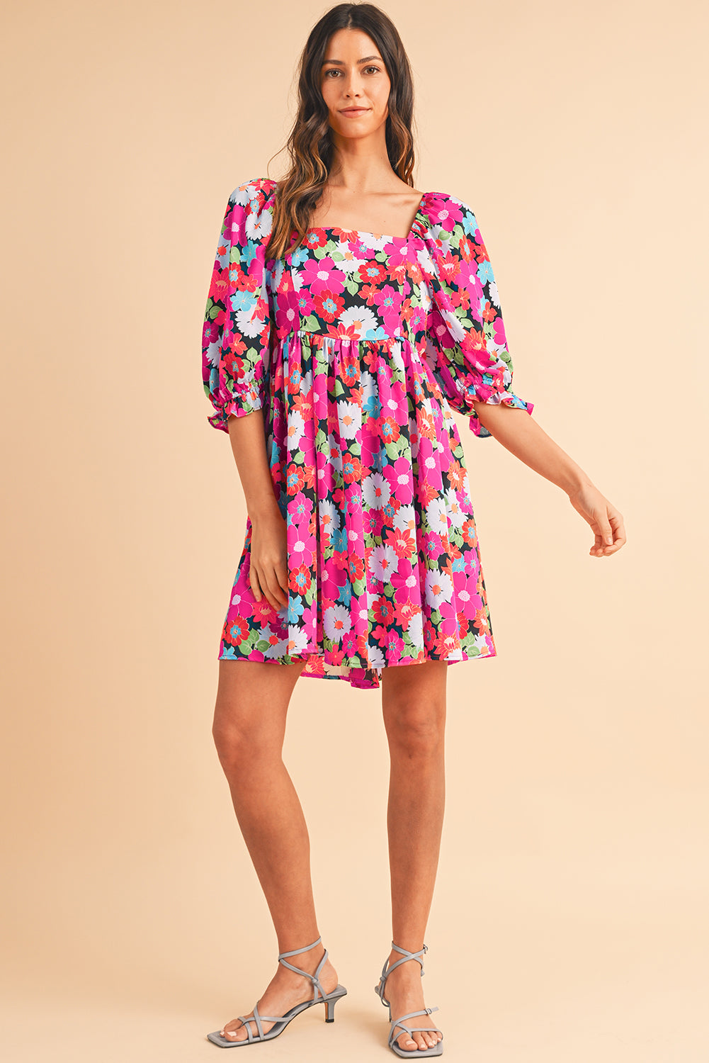 Rose Floral Print Square Neck Short Puff Sleeve Dress