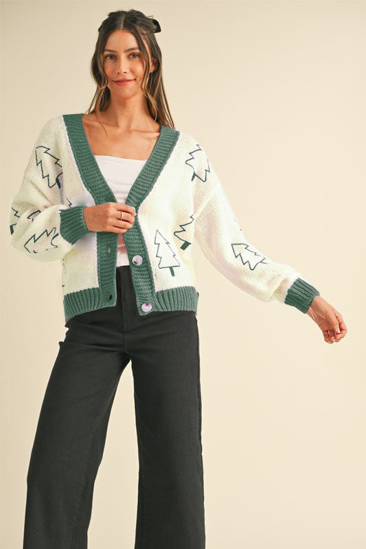 Ivory/Green Embroidered Christmas Tree Cardigan