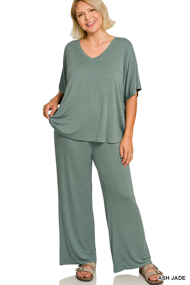 Zenana V-Neck Oversized Top & Pants Set