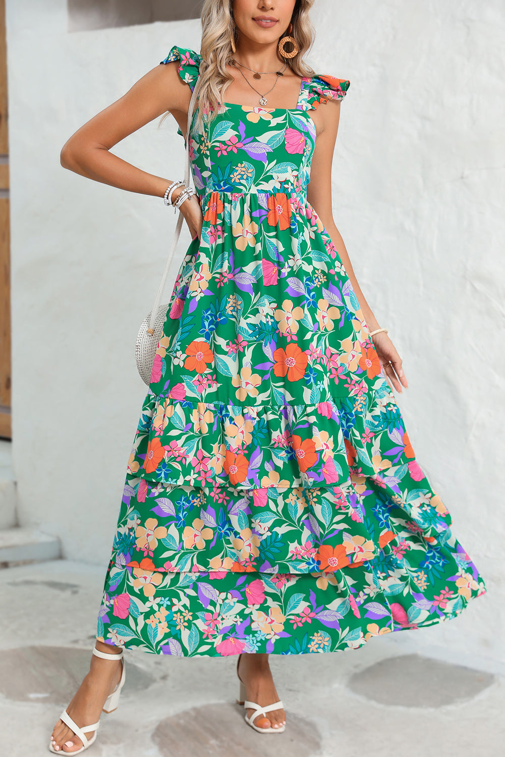 Boho Floral Print Ruffle Sleeveless Tiered Maxi Dress