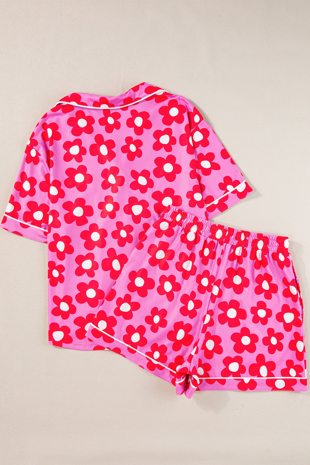 Pink 60s Flower Print Buttoned Shirt and Drawstring Waist Pajama Set