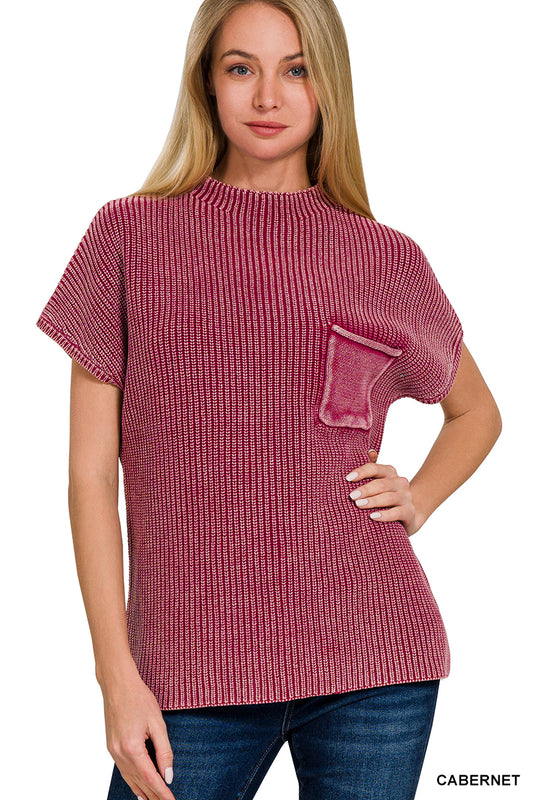 ZENANA WASHED MOCK NECK SHORT SLEEVE SWEATER