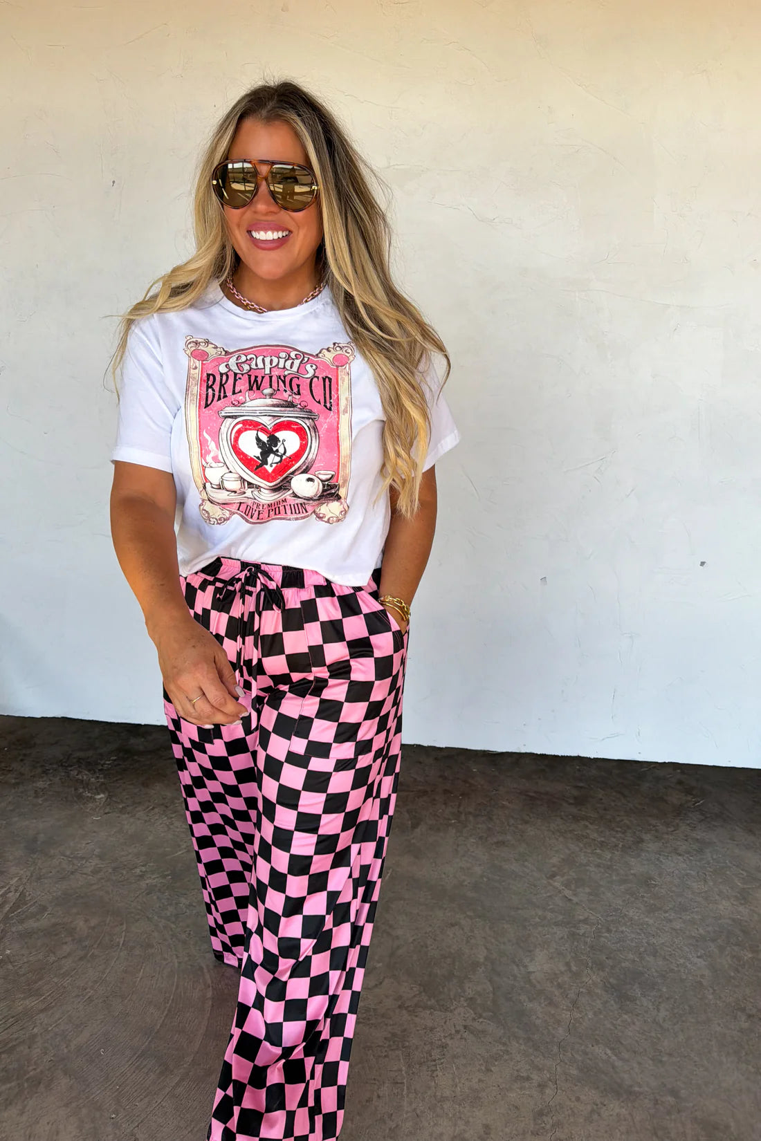 PREORDER- HADDIE WIDE LEG PINK/BLACK CHECKERED PANTS