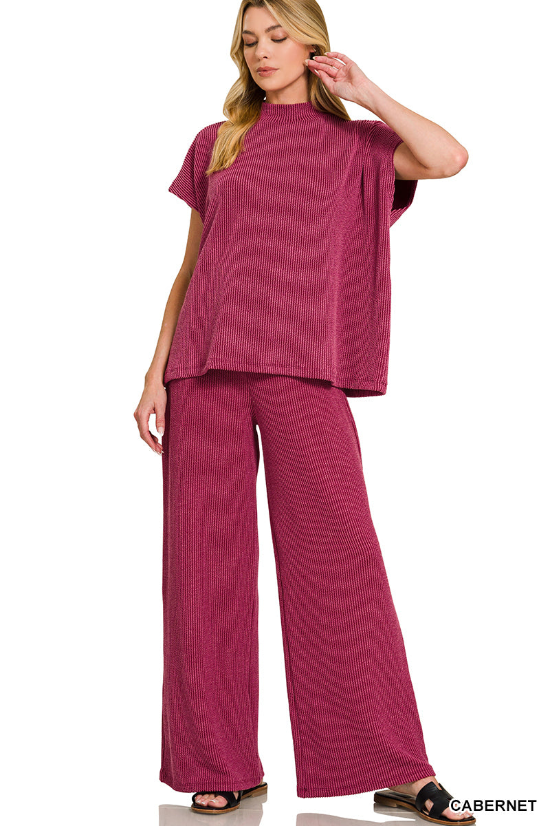 Zenana Mock Neck Ribbed Pants Set