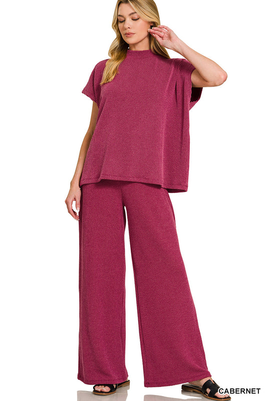 Zenana Mock Neck Ribbed Pants Set