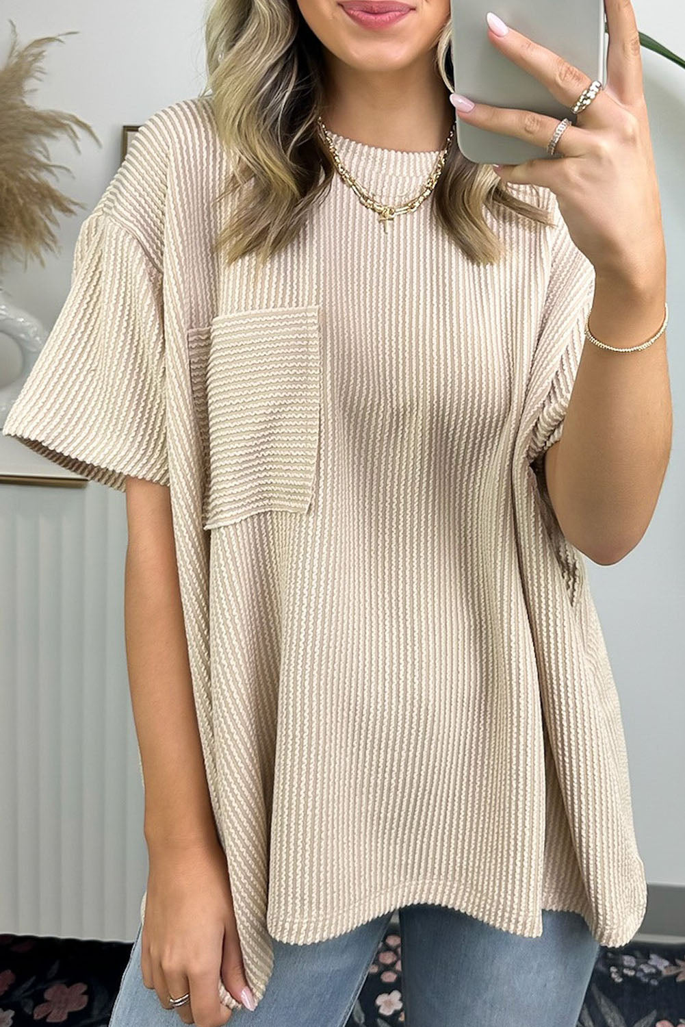 Ribbed Knit Pocketed Loose Fit Crew Neck T Shirt