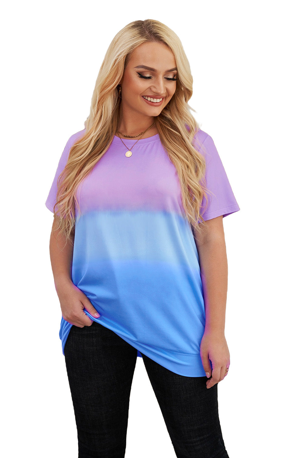 Purple Casual Crew Neck Tie-dye Colorblock Plus Size Tee