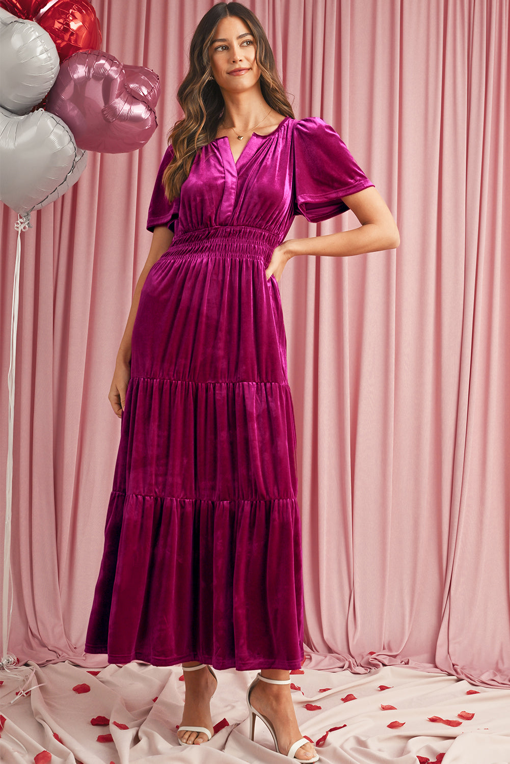 Evergreen Velvet Puff Short Sleeve Smocked Waist Tiered Maxi Dress