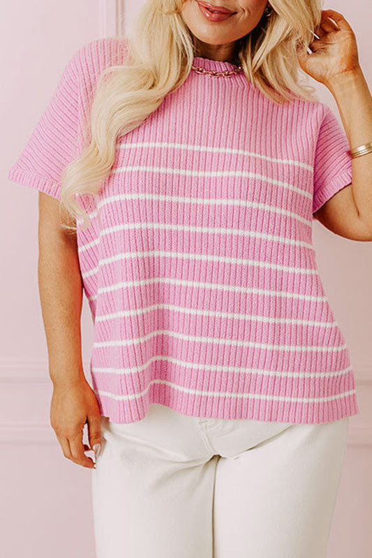 Pink Plus Size Ribbed Stripe Round Neck T Shirt