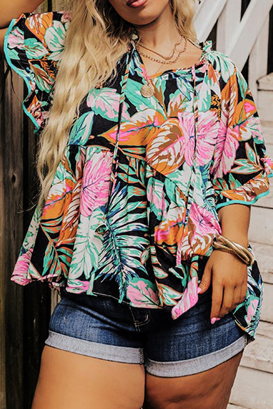 Black Plus Tropical Print Ruffled Sleeve Flowy Blouse