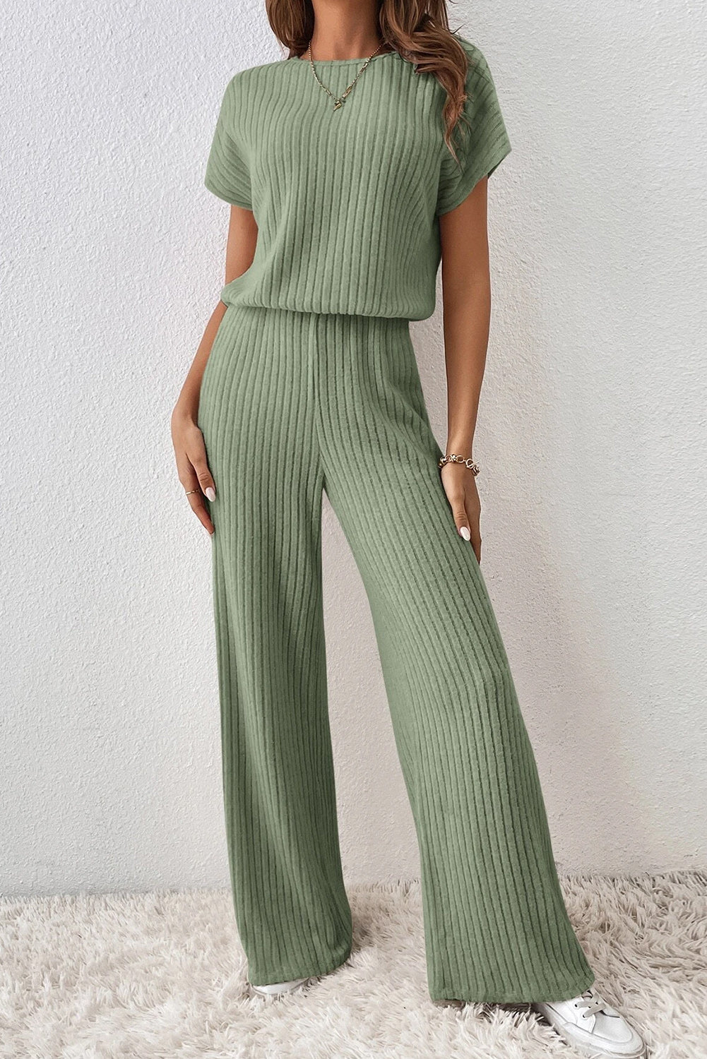 Solid Color Ribbed Short Sleeve Wide Leg Jumpsuit