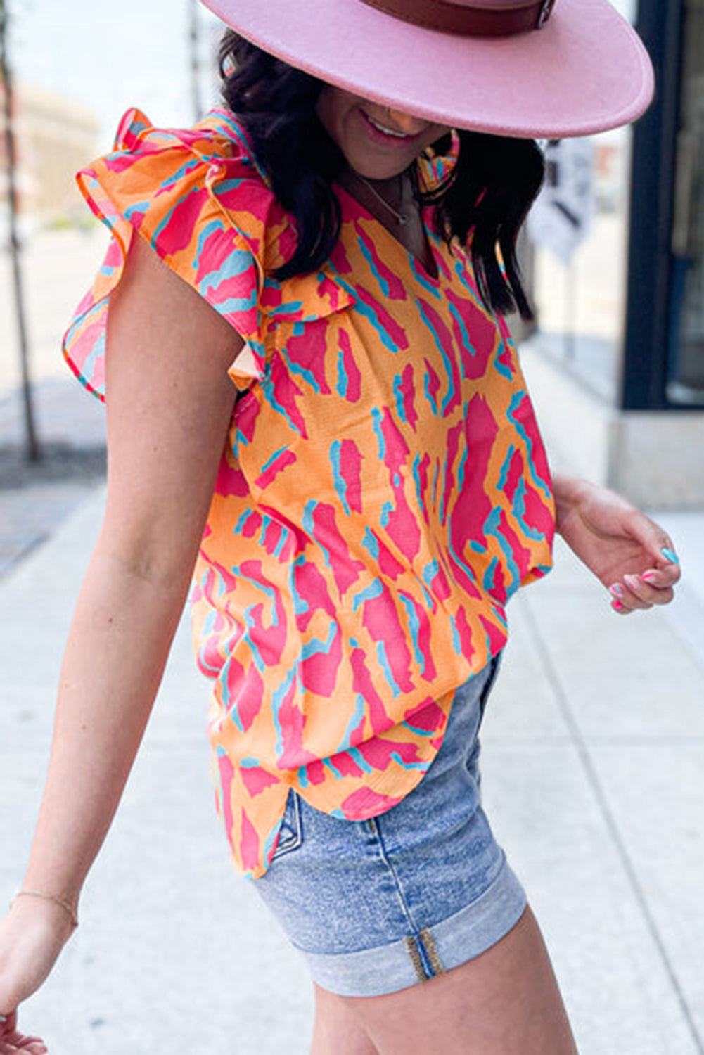 Orange Abstract Print V Neck Ruffled Sleeve Blouse