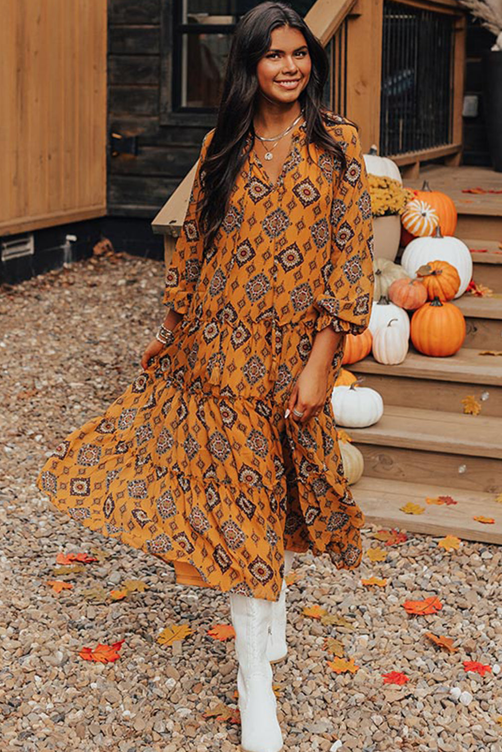 Orange Geometric Print Frilled Loose Fit Dress