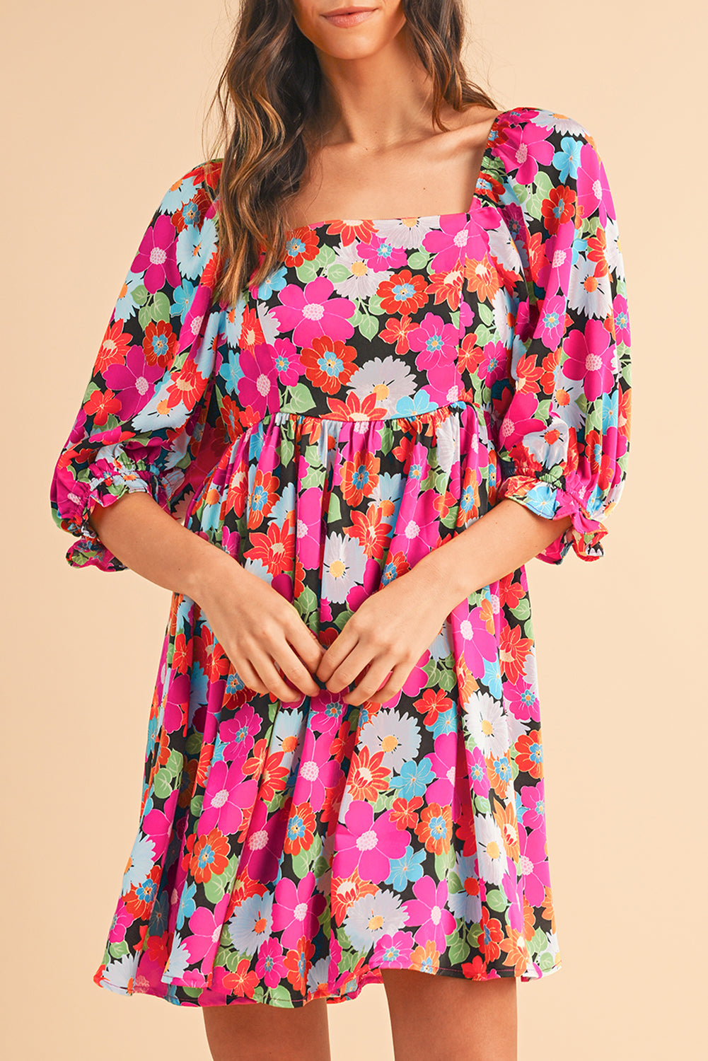 Rose Floral Print Square Neck Short Puff Sleeve Dress